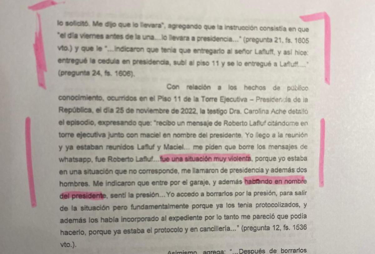 Fragmento de las declaraciones de Ache en la investigación administrativa de Cancillería.