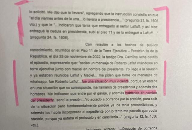 Fragmento de las declaraciones de Ache en la investigación administrativa de Cancillería.